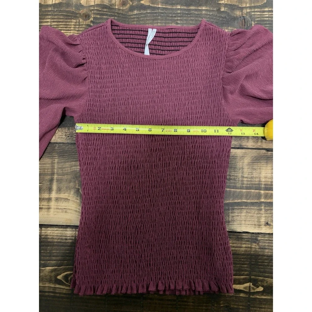 Anthropologie XS Smocked Puff Sleeve Top Burgundy Ruffle Romantic Boho Blouse